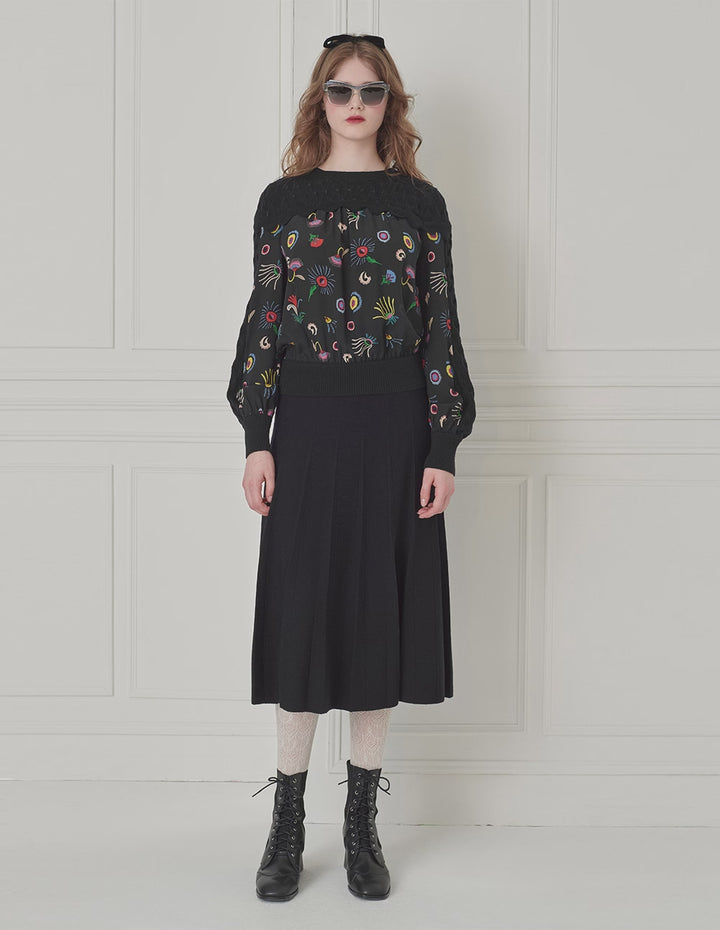 BORA AKSU Crew Neck Silk Patchwork Printed Wool Knitted Sweater