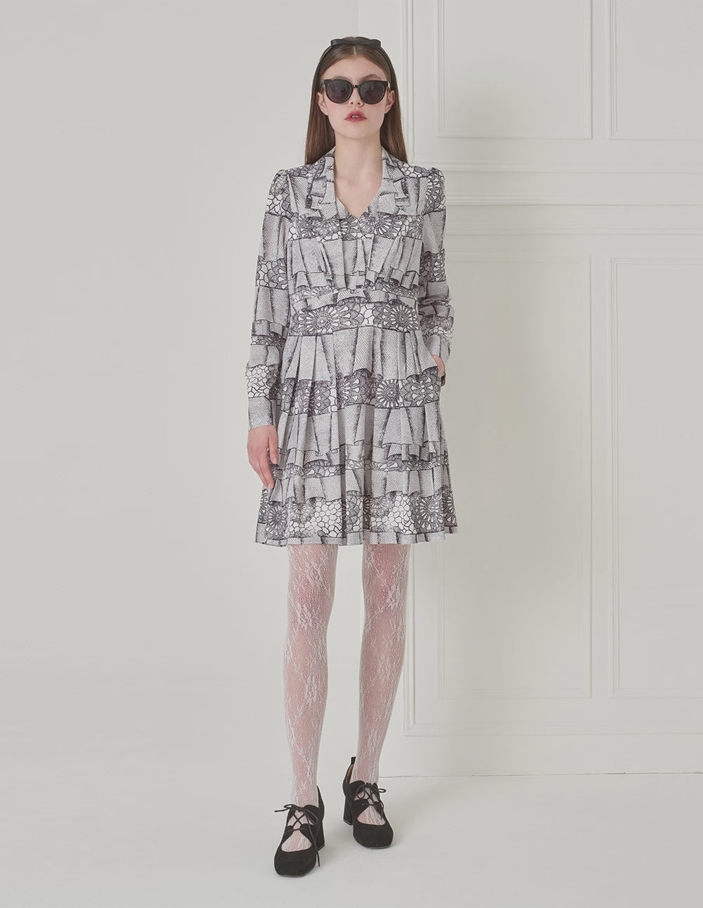 BORA AKSU Notched Lapel Puff Sleeve Abstract Print Long-Sleeved Dress