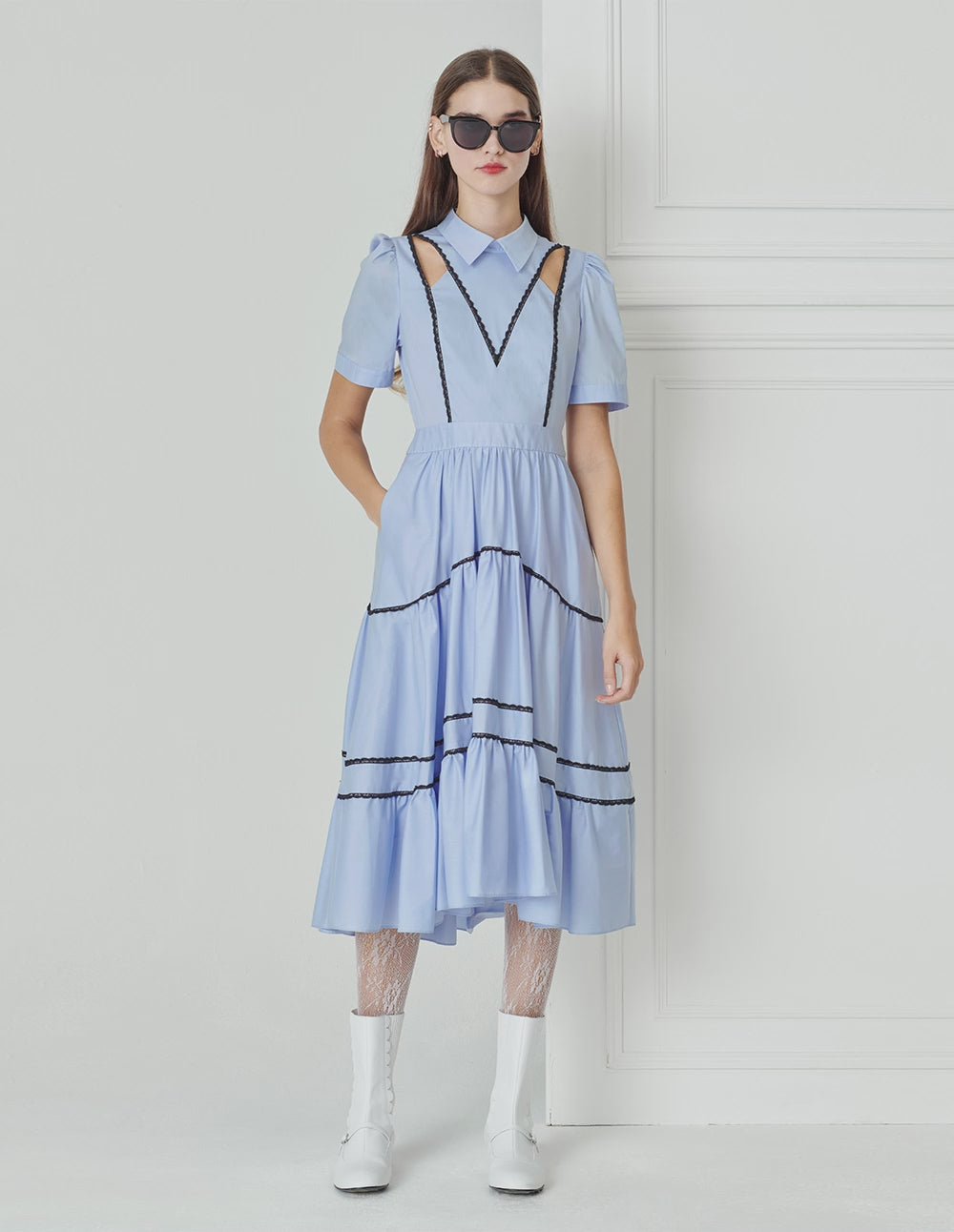 BORA AKSU French Sweet Color-Blocked Lace Formal Dress