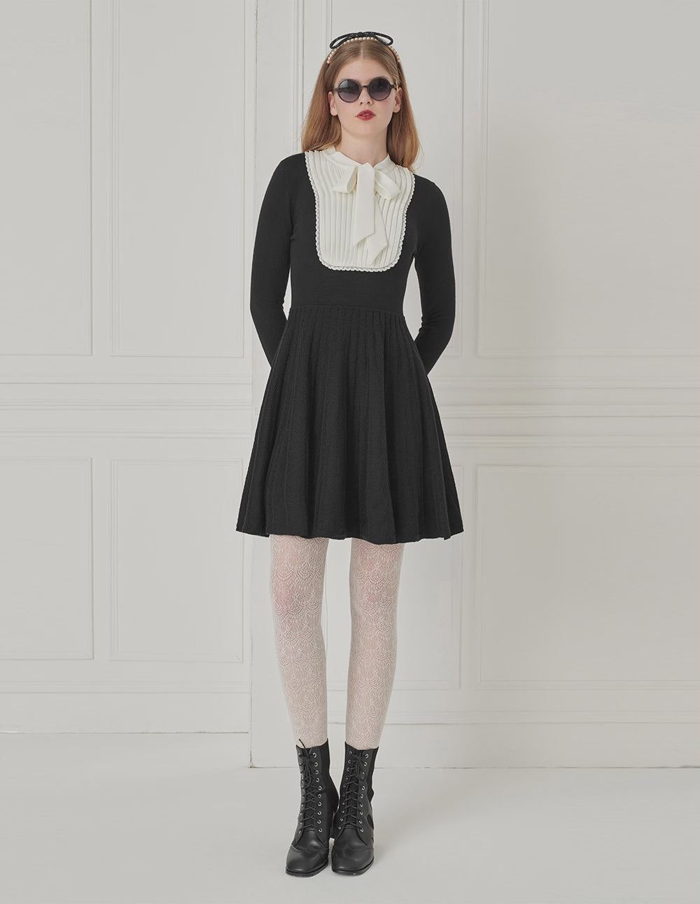 BORA AKSU Butterfly Knot Collar Black Long-Sleeve Knitted Dress