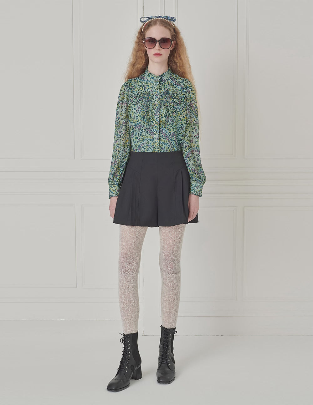 BORA AKSU Ruffle Stand-Collar Long-Sleeve Printed Blouse