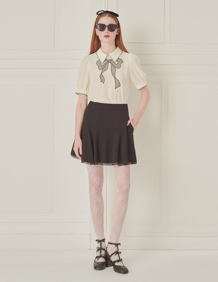 BORA AKSU Petal Collar Mesh Bow Embroidered Silk Blouse