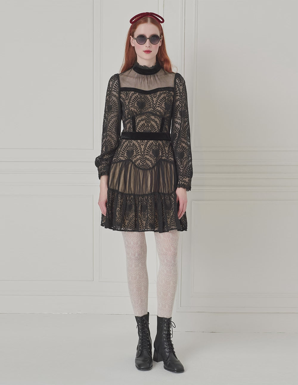 BORA AKSU Retro Lace Stand-Collar Long-Sleeve Mesh Velvet Splicing Knee-Length Dress