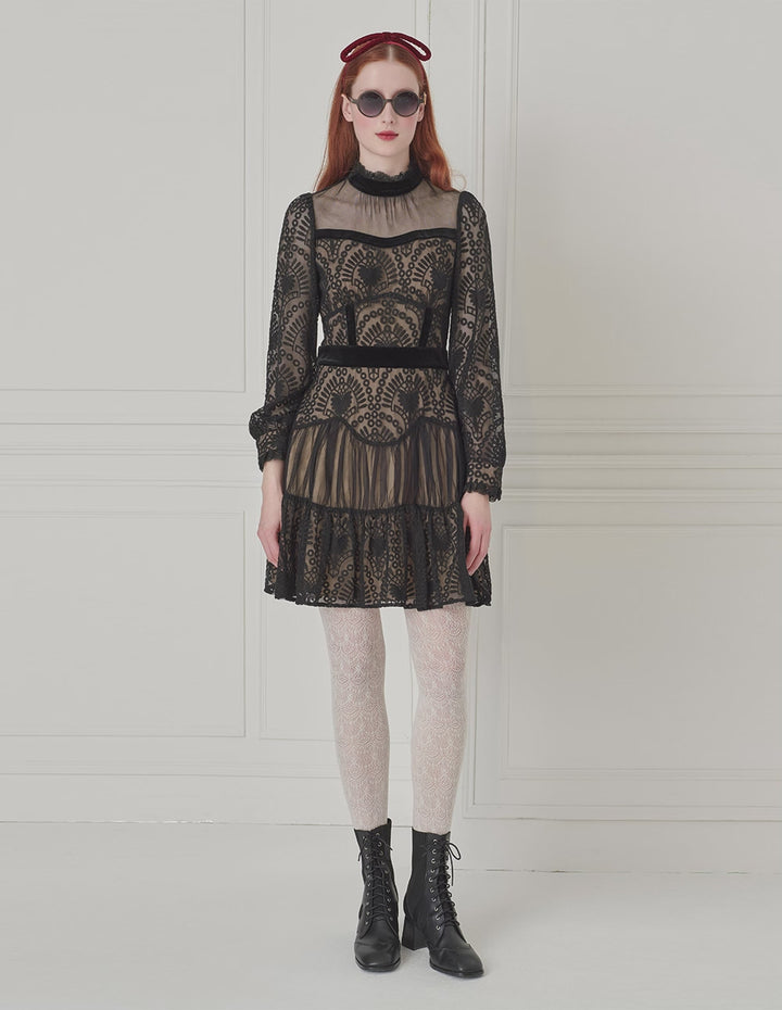 BORA AKSU Retro Lace Stand-Collar Long-Sleeve Mesh Velvet Splicing Knee-Length Dress
