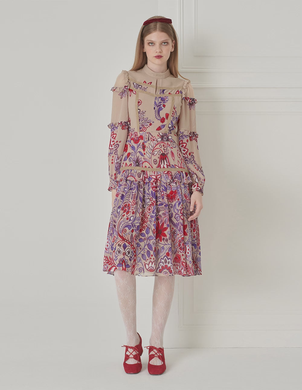 BORA AKSU French Sweet Stand-Up Collar Puff Sleeve Printed Dress