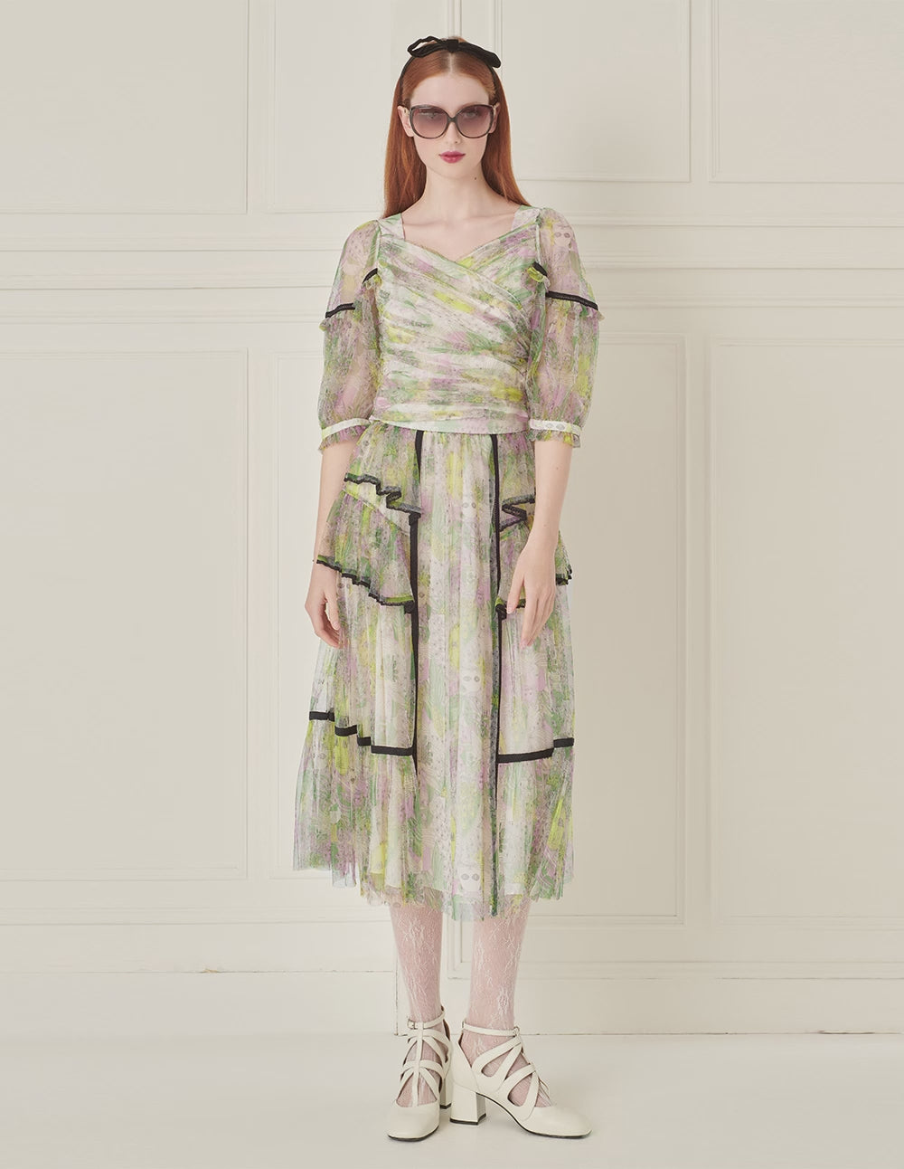 BORA AKSU Tiered Ruffled Printed Mesh Skirt