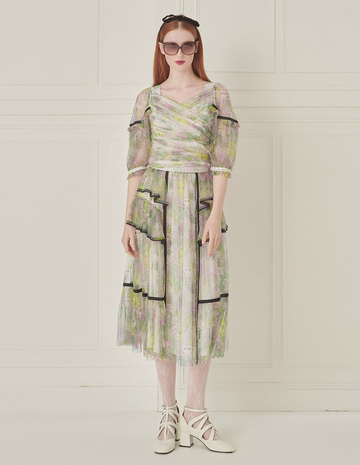 BORA AKSU Tiered Ruffled Printed Mesh Skirt