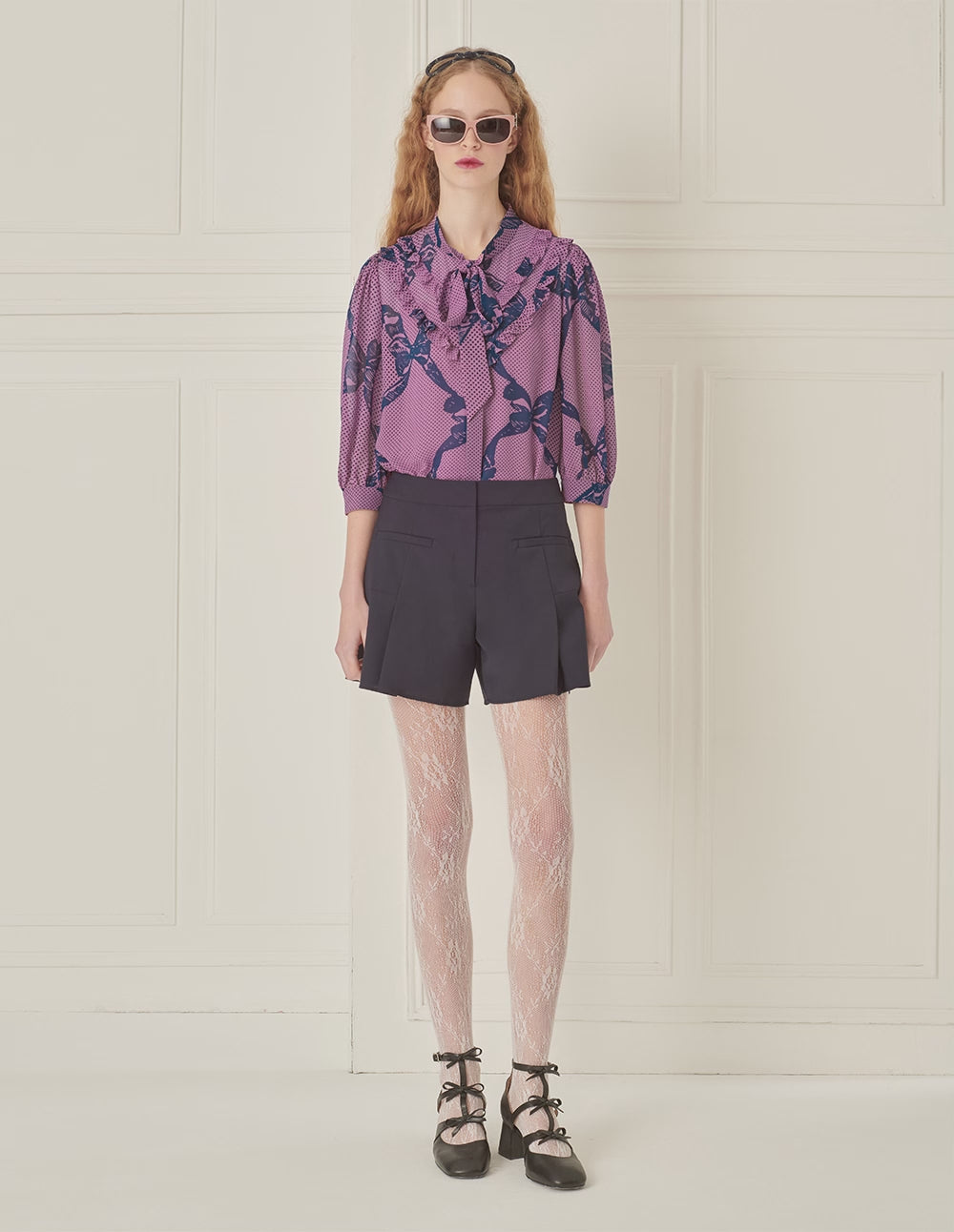 BORA AKSU French Puff Sleeve Ruddles Bow Printed Blouse
