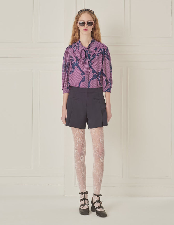 BORA AKSU French Puff Sleeve Ruddles Bow Printed Blouse