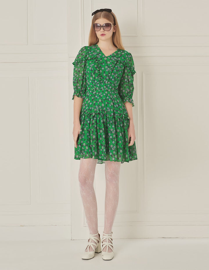BORA AKSU French V-Neck Pleated Puff Sleeve Printed Dress