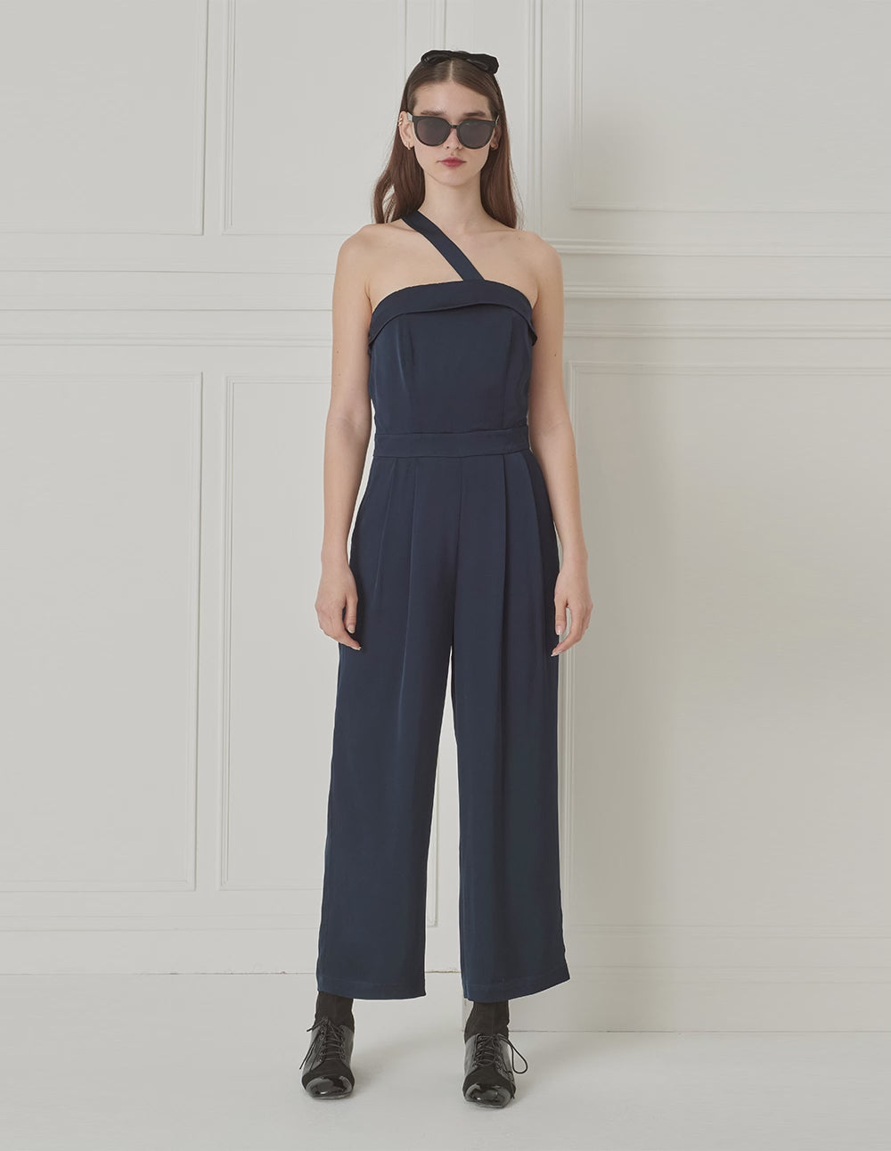 BORA AKSU Acetate Oblique Strap Strapless Navy Blue Jumpsuit
