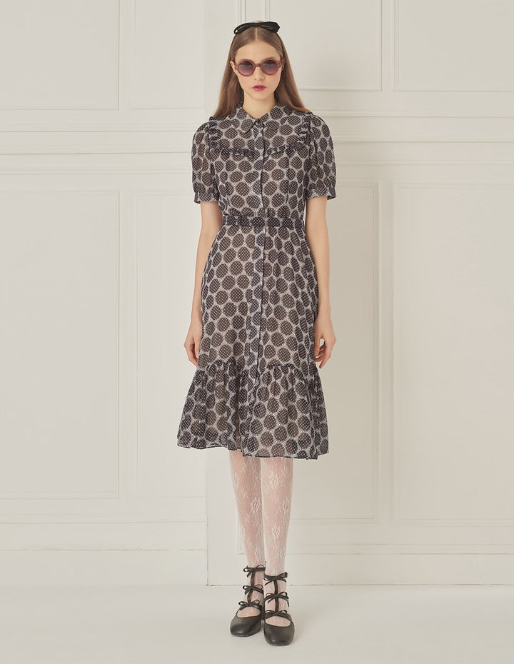 BORA AKSU Puff Sleeve Lapel Polka Dot Print Pleated Dress