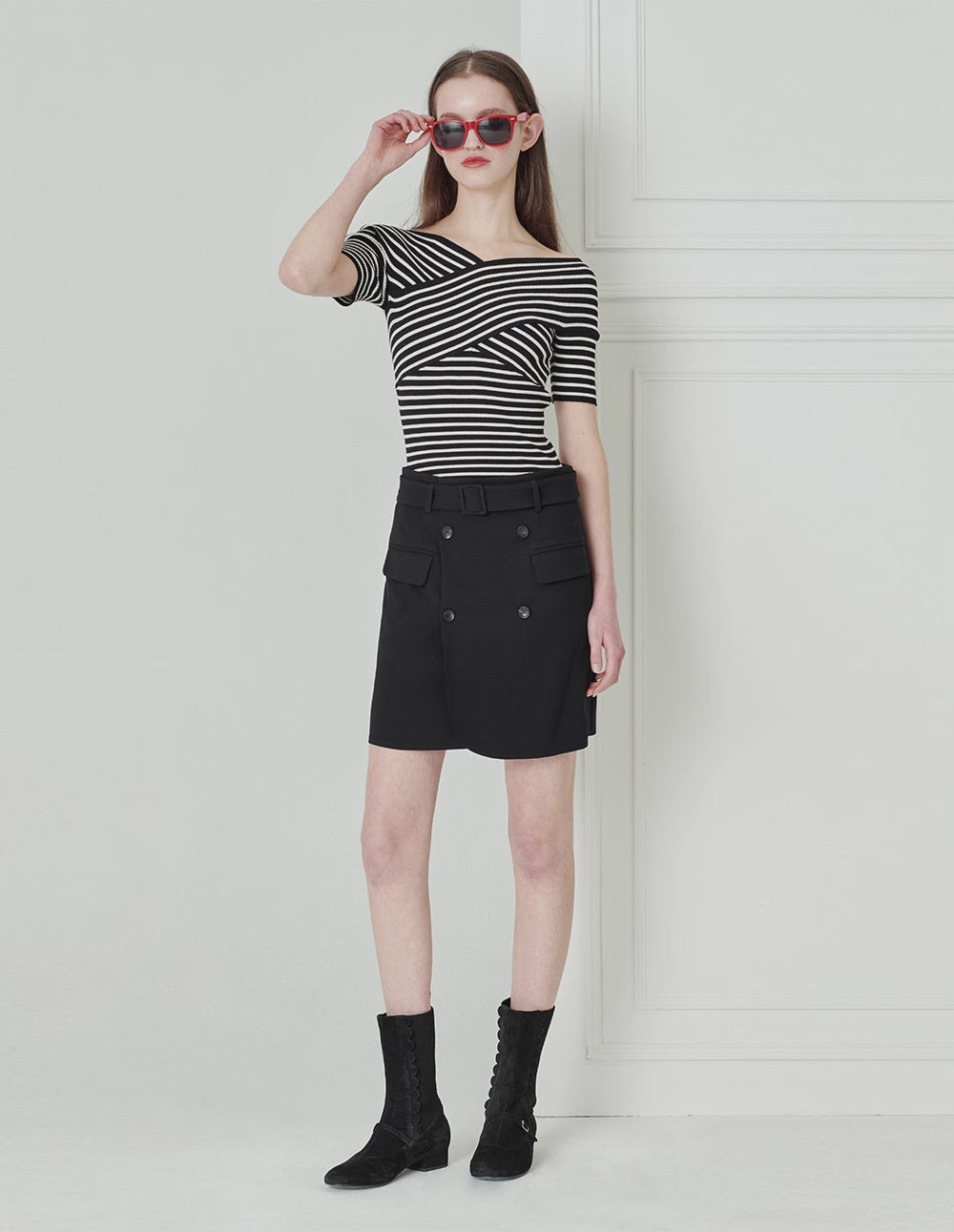 BORA AKSU Black and White Striped Chest Cross Neck Knit Sweater