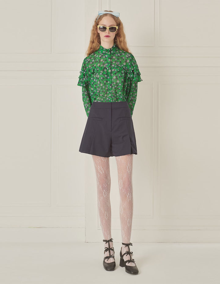 BORA AKSU French Stand-Up Collar Puff Sleeves Ruffled Green Printed Blouse