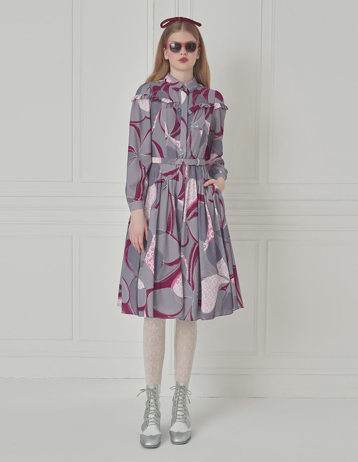 BORA AKSU Shirt-Collar Ruffled Puff Sleeve Printed Midi Dress