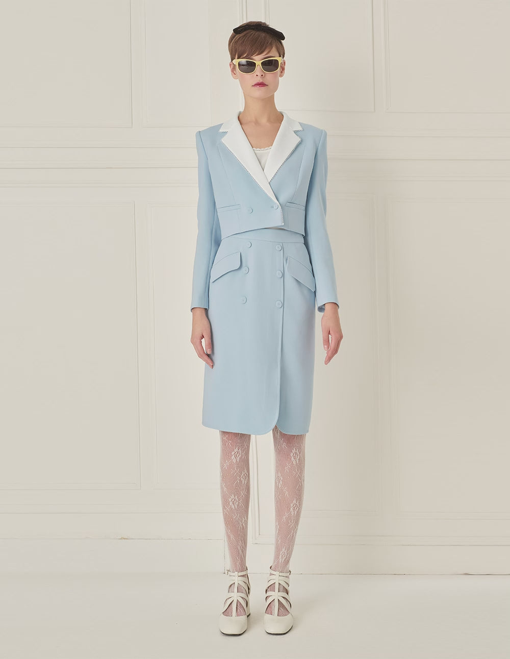 BORA AKSU Quiet Blues Lace Embellishments Notched Lapels Cropped Blazer