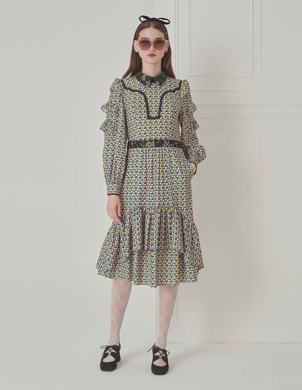 BORA AKSU Puff Sleeve Lace Patchwork Polka Dot Print Dress