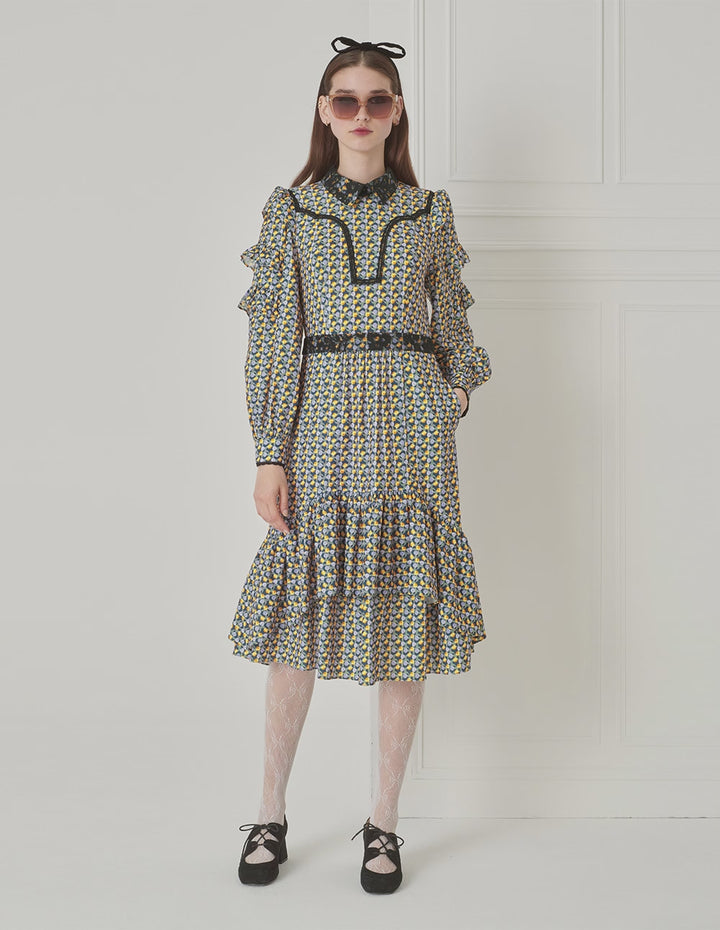 BORA AKSU Puff Sleeve Lace Patchwork Polka Dot Print Dress