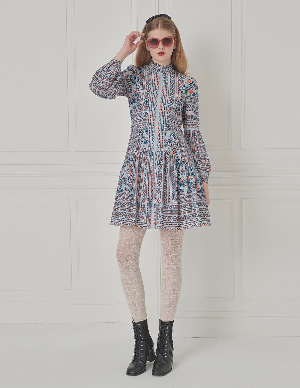 BORA AKSU Ruffle-Collar Puff Long-Sleeve Printed Pleated Midi Dress