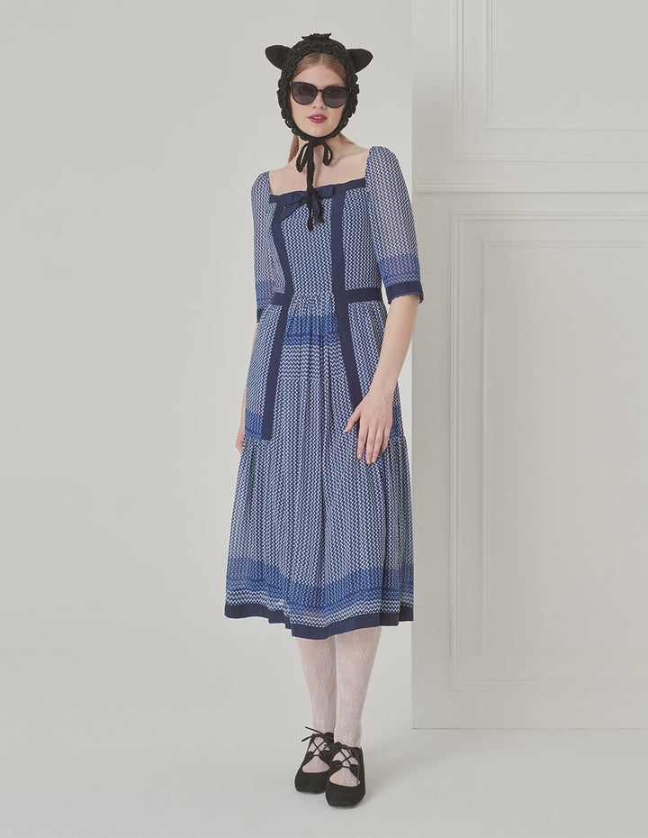 BORA AKSU Vintage Square Neck Puff Sleeve Polka Dot Print Dress