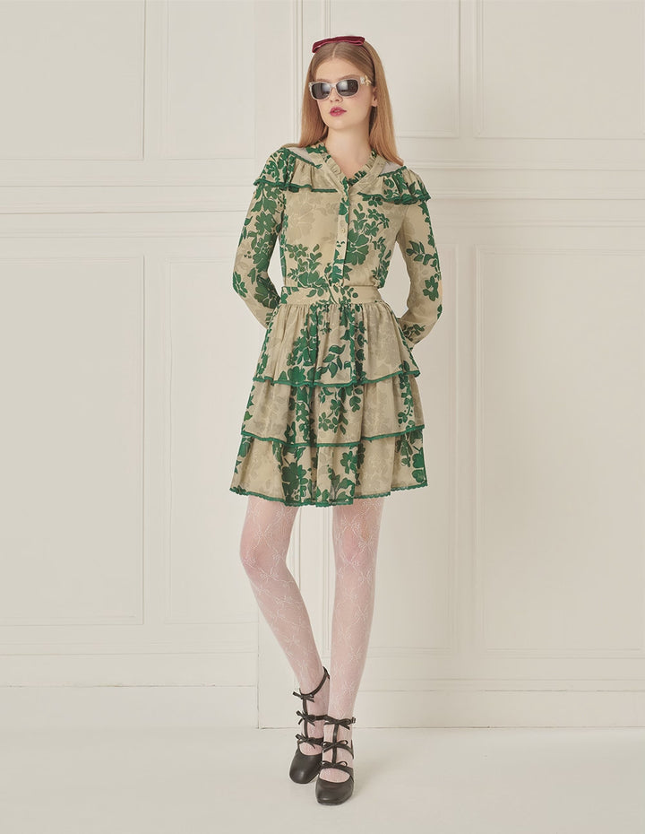 BORA AKSU Romantic Tiered Pleated Skirt With Floral Print Skirt