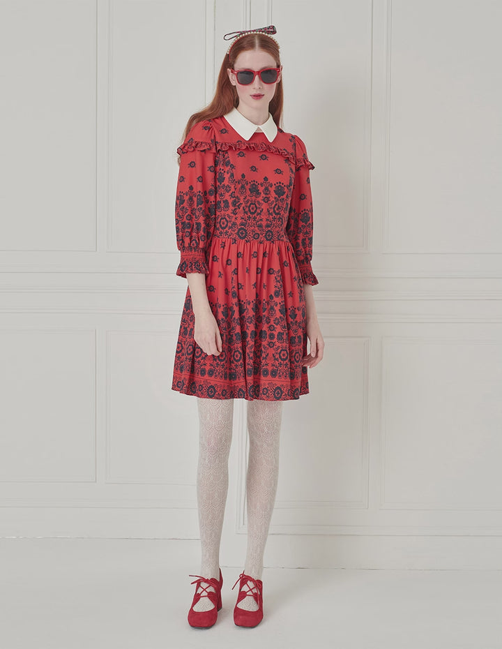 BORA AKSU Peter Pan Collar Long Bubble Sleeve Ruffle Floral Print Dress