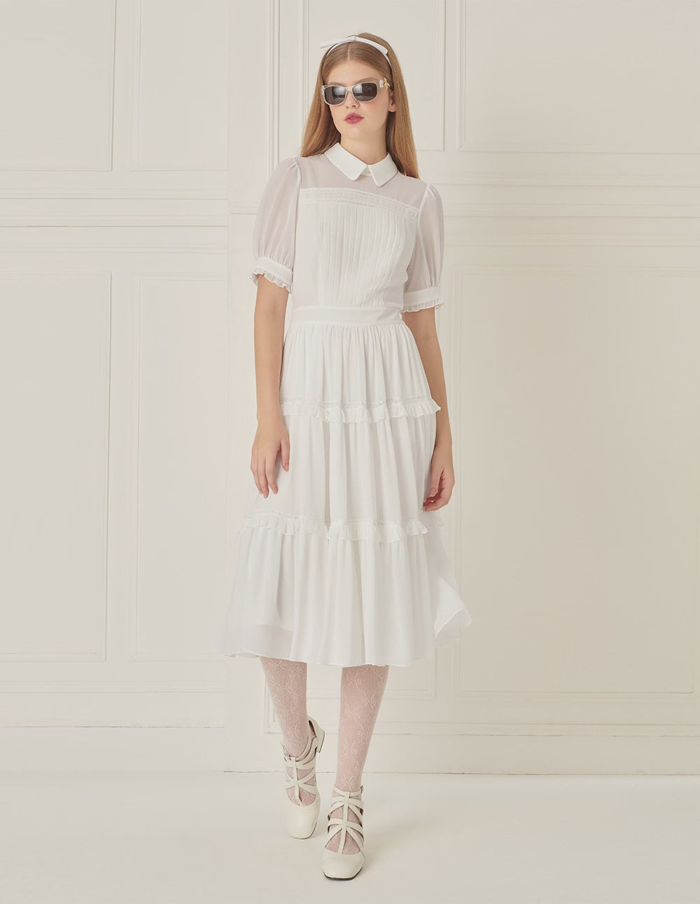 BORA AKSU Lace Puff Sleeve Pleated Dress