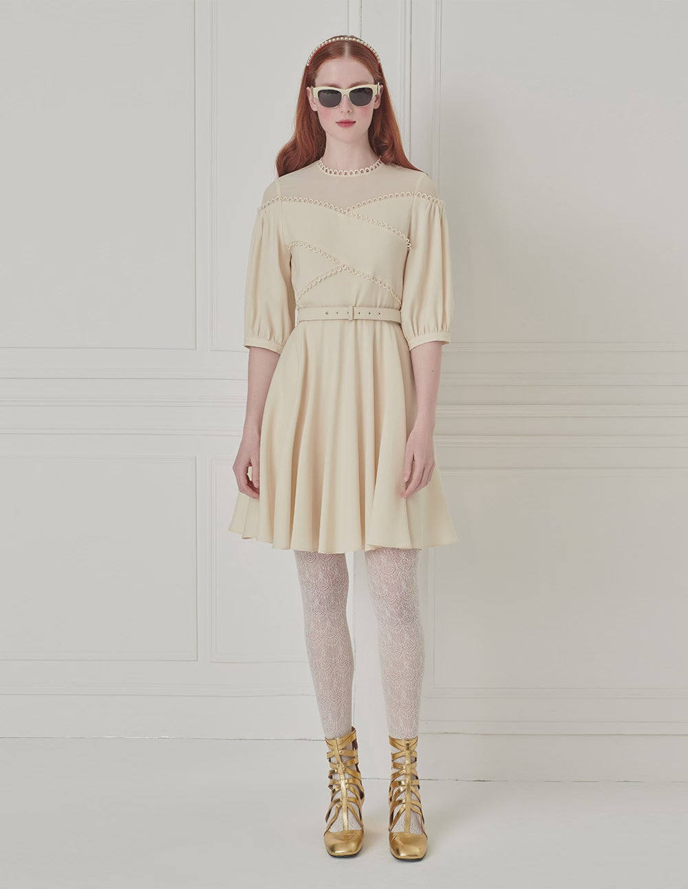 BORA AKSU Hepburn Style Acetate Patchwork Lace Trim Umbrella Dress