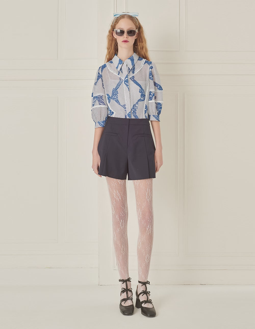 BORA AKSU French Puff-Sleeve Lace-Embellished Bow-Print 3/4 Blouse