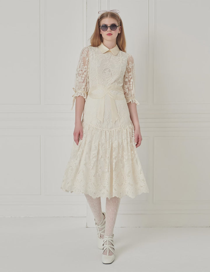 BORA AKSU Peter Pan Collar Lace Panel Pleated Dress