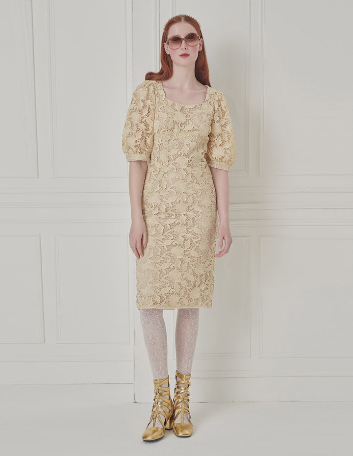 BORA AKSU Beige Fitted Lace Dress With Diamond Square Neck Puff Sleeves