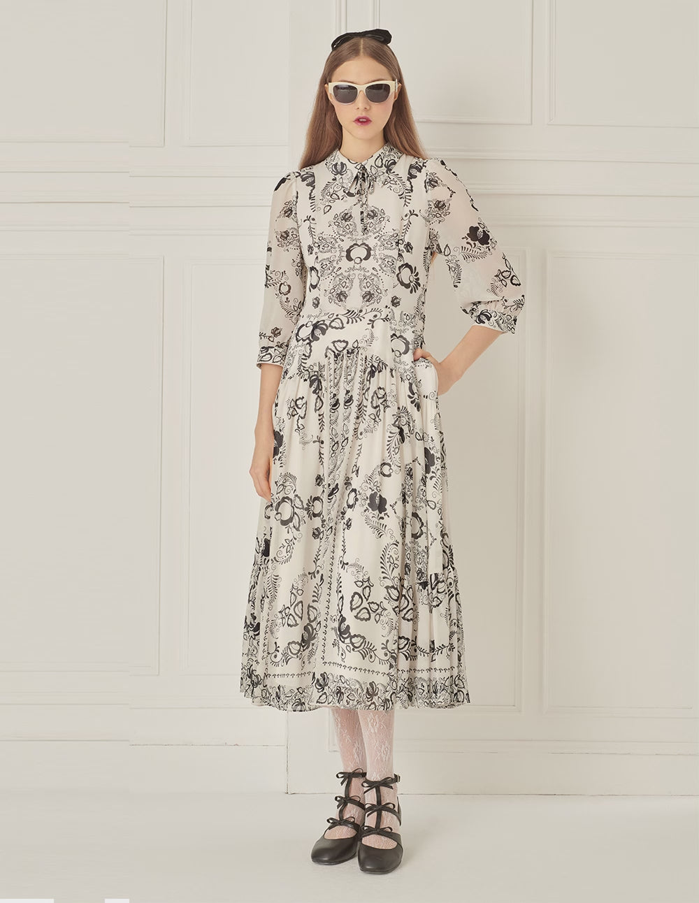 BORA AKSU Puff Sleeve Pleated Line Drawing Print Dress