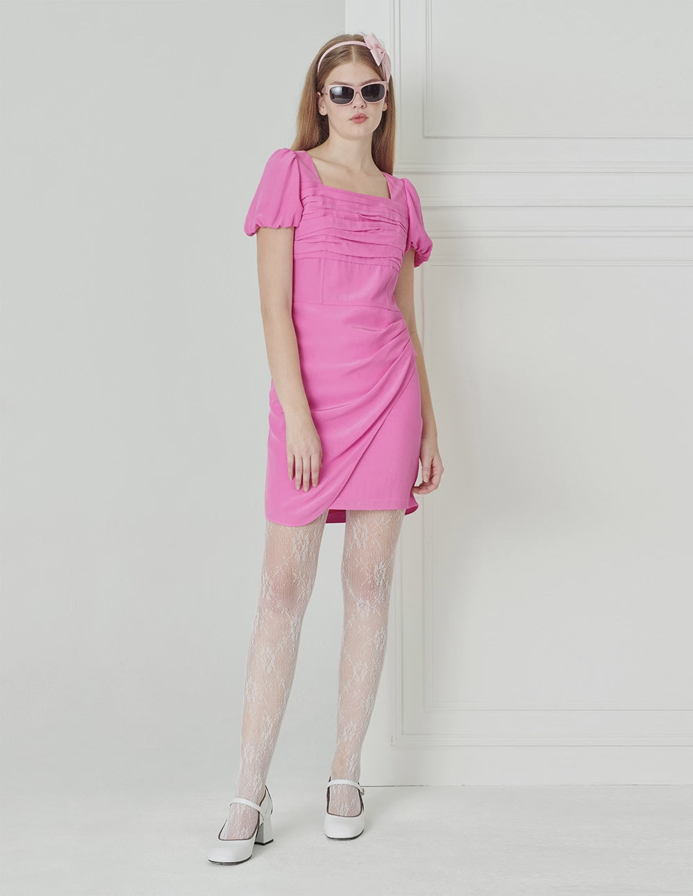 BORA AKSU Puff-Sleeved Square-Neck Acetate Pleated Wrap-Hip Dress