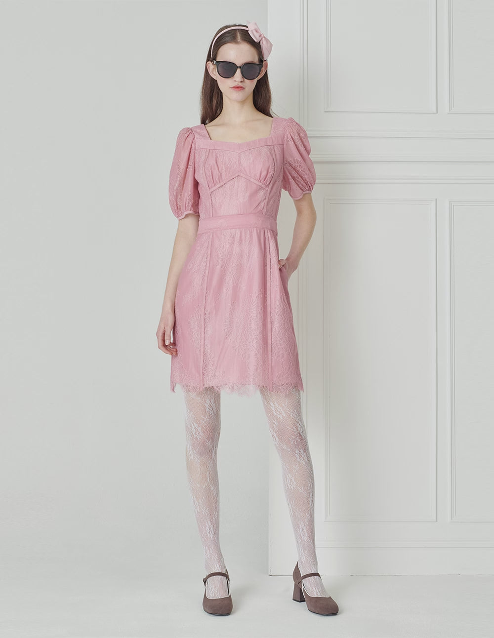 BORA AKSU Diamond Neck Slim Lace Dress