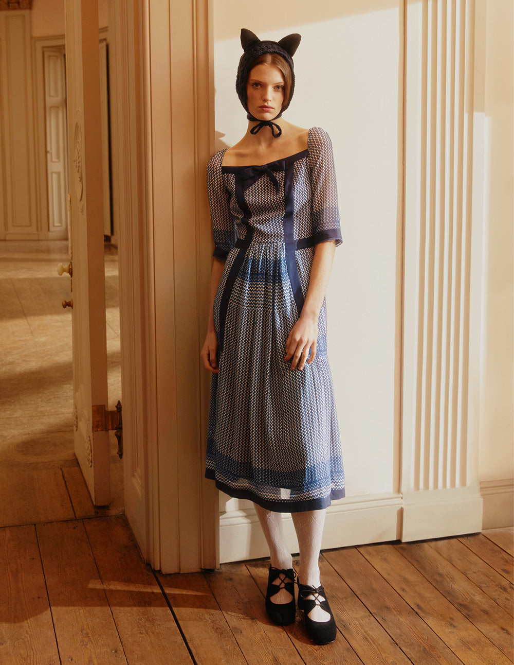 BORA AKSU Vintage Square Neck Puff Sleeve Polka Dot Print Dress