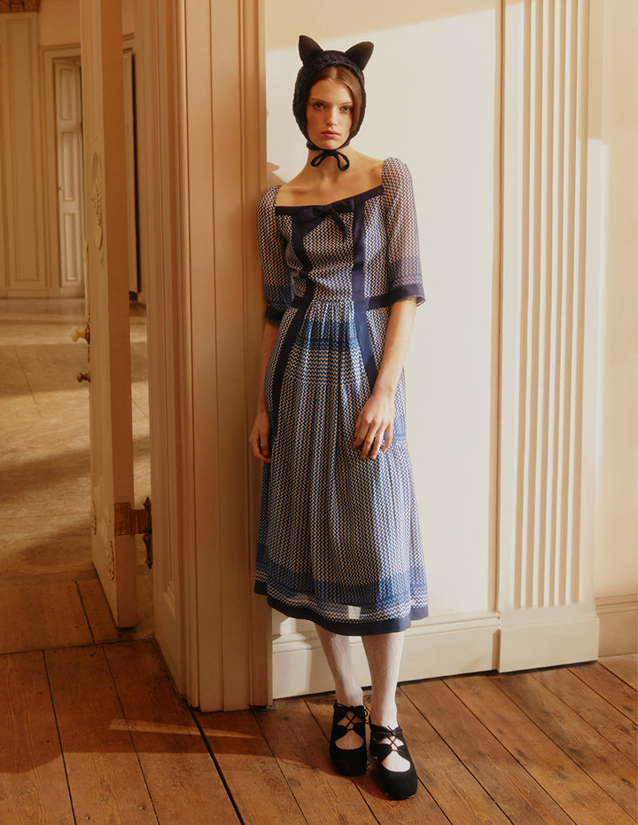 BORA AKSU Vintage Square Neck Puff Sleeve Polka Dot Print Dress