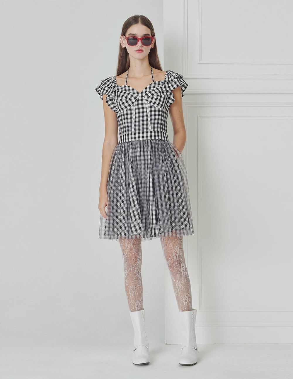 BORA AKSU Checked Mesh-Panelled Pleated Dress