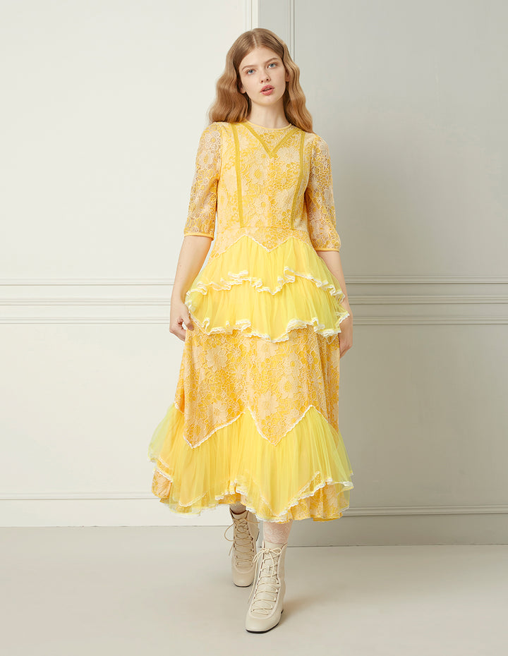 BORA AKSU Daffodil Mesh Ruffled Lace Mid-Sleeve Long Dress