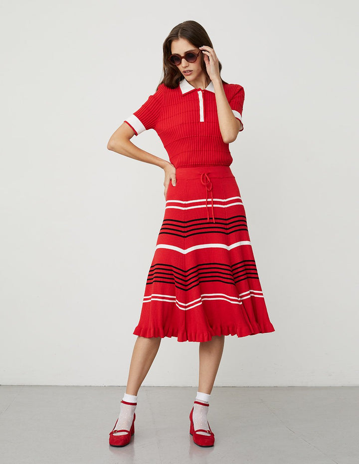 BORA AKSU Contrasted Stripe Color A-Line Midi Knit Skirt