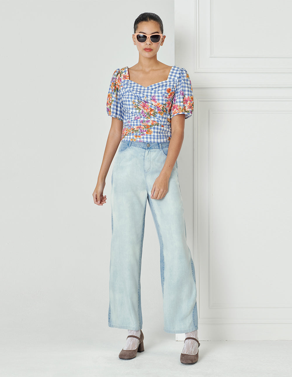 BORA AKSU Vintage Diamond Neck Pleated Print Top