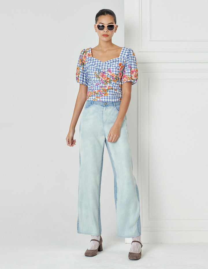 BORA AKSU Vintage Diamond Neck Pleated Print Top