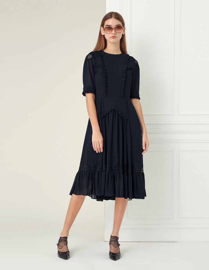 BORA AKSU Navy Blue Lace Stitching Dress