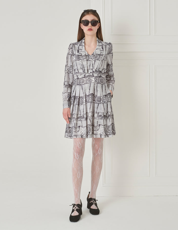 BORA AKSU Notched Lapel Puff Sleeve Abstract Print Long-Sleeved Dress