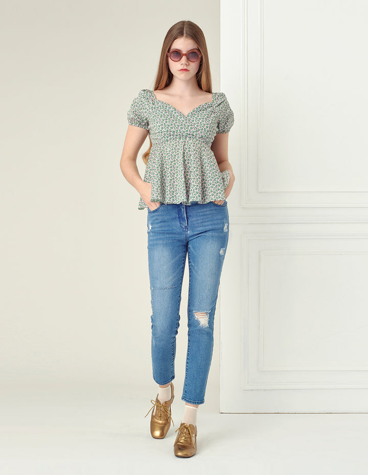 BORA AKSU Light green floral print V-neck short sleeved top