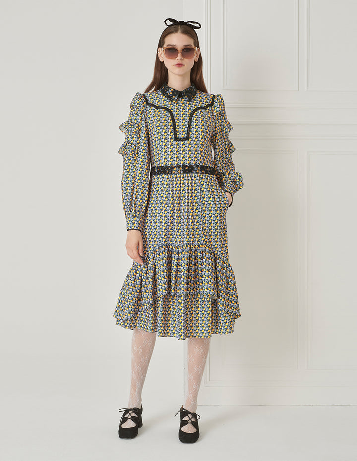 BORA AKSU Puff Sleeve Lace Patchwork Polka Dot Print Dress