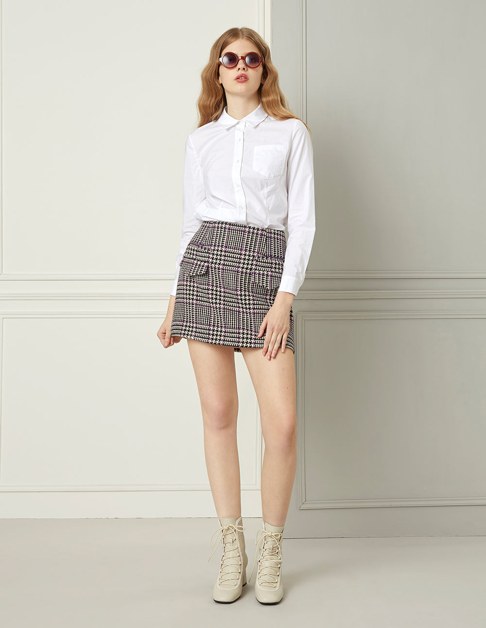 BORA AKSU Houndstooth Flap Pocket A-Line Mini Skirt