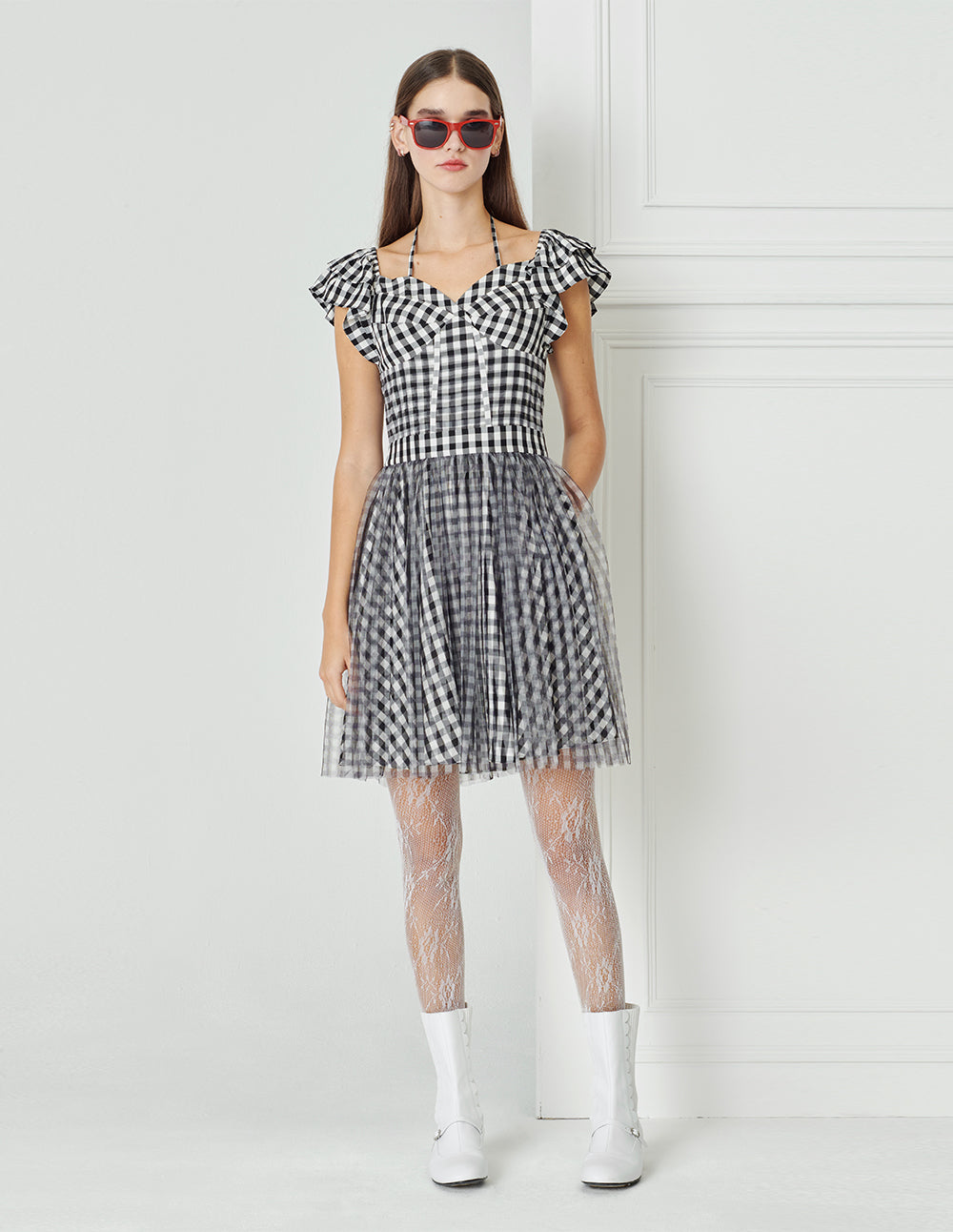 BORA AKSU Checked Mesh-Panelled Pleated Dress