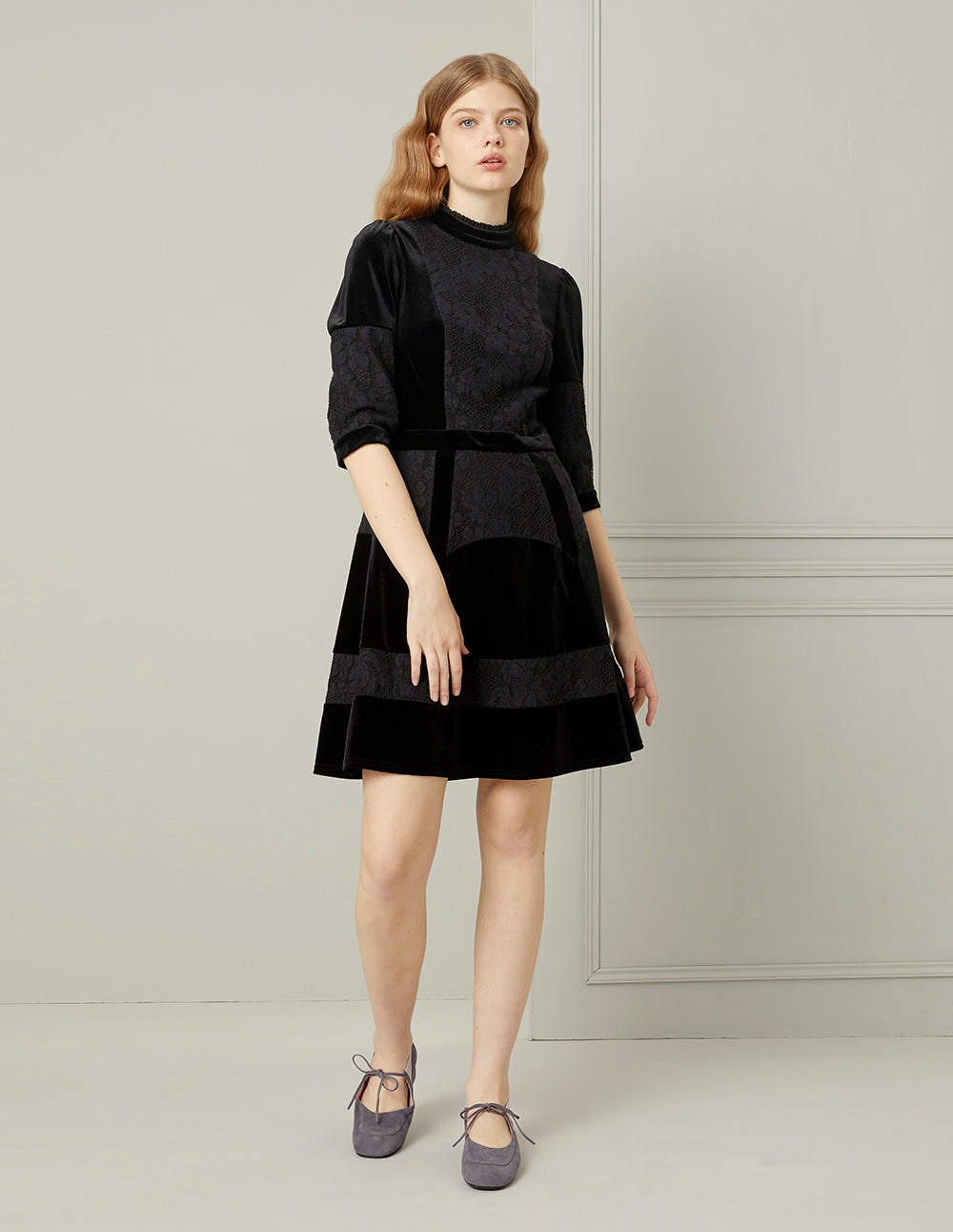 BORA AKSU Black Velvet Lace Turtleneck Fit-And-Flare Mini Dress