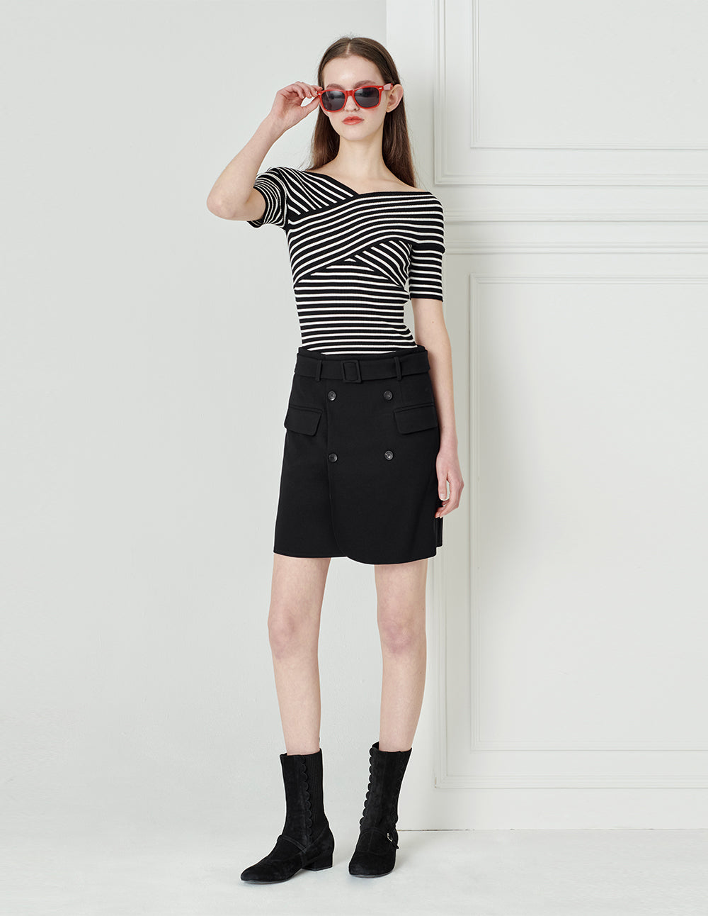 BORA AKSU Black and White Striped Chest Cross Neck Knit Sweater