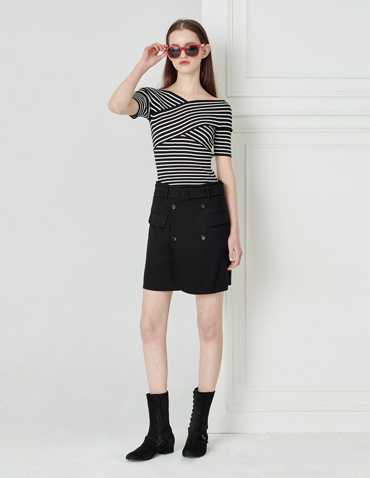 BORA AKSU Black and White Striped Chest Cross Neck Knit Sweater